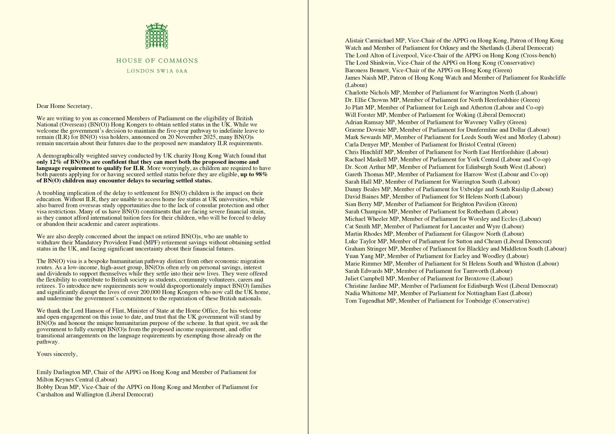 Cross-Party MPs Write to Home Office on BN(O) Settlement